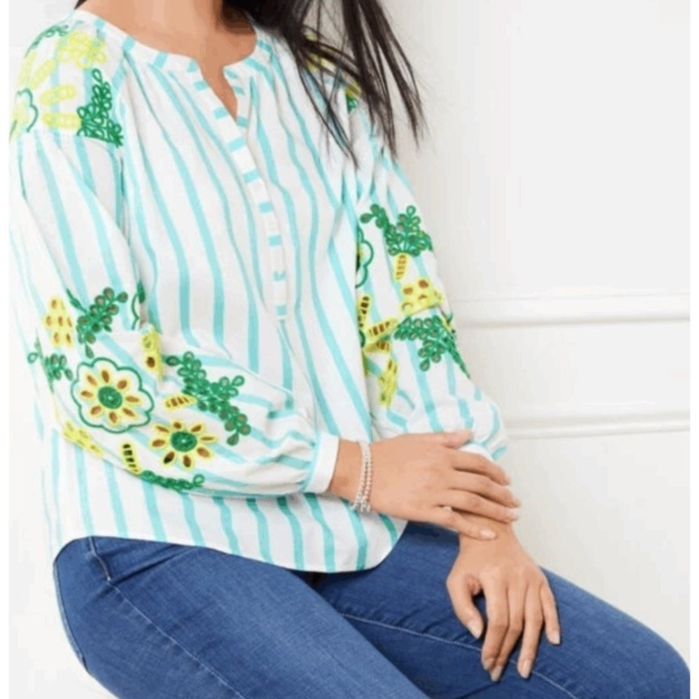Talbots Women Blue White Stripe Embroidered Cutout Sleeve Peasant Top 2XL NWT
